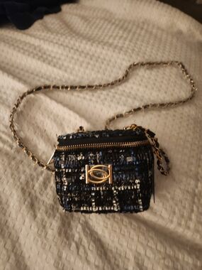 Tweed Bebe Chain Crossbody Bag in Black & Blue